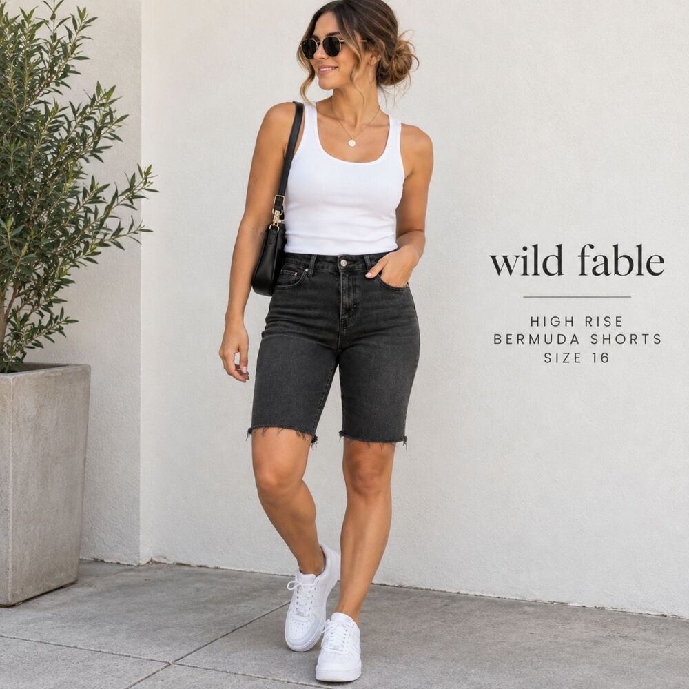 Wild Fable Womens 16 Black High Rise Bermuda Jean Shorts Raw Hem Stretch